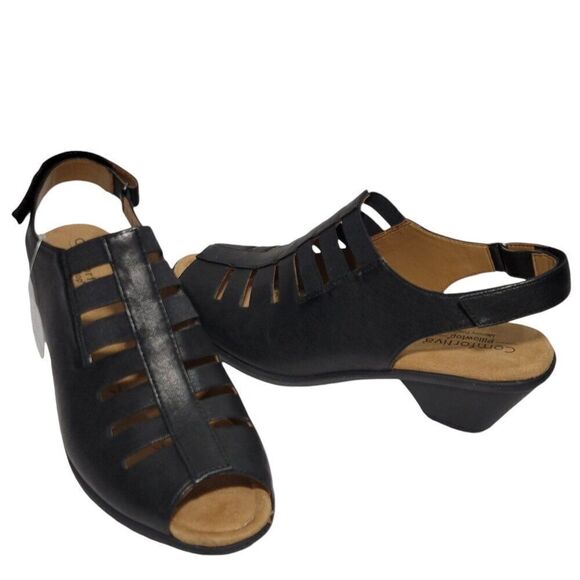 Comfortiva Sandals Womens Size 11 M Faye Pillowtop Black Leather Slingback Heel - Picture 1 of 16